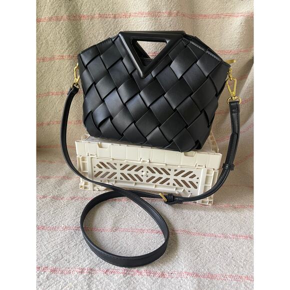 Anthropologie Melie Bianco Faux Leather Woven Satchel in Black - Picture 2 of 5